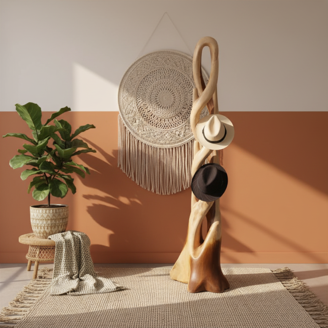 Sculptural wooden hat stand with natural branch hooks styled in a bohemian room with hanging plants, woven baskets and a round jute rug