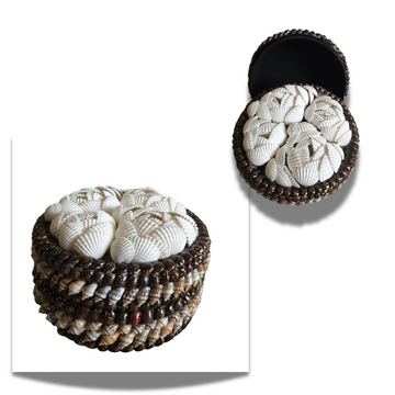 one closed round trinket box and one top and base angle shot 