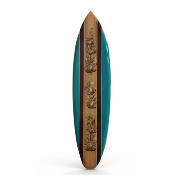 Teal surfboard wall art with carved natural timber hibiscus flowers on a wood centre stripe