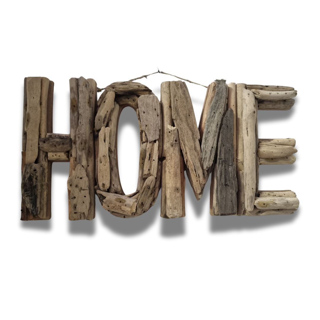 HOME driftwood wall sign — handcrafted natural driftwood letters, 50x20cm — coastal rustic wall art by Azure Decor"