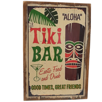 A wooden sign with a vintage tiki bar design, featuring a green and red text with a tiki statue, palm leaves, and the word 'ALOHA' on the top.