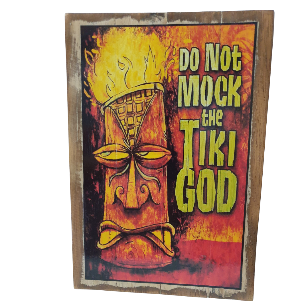Fiery orange and red wall plaque with a glowing carved head and bold lettering