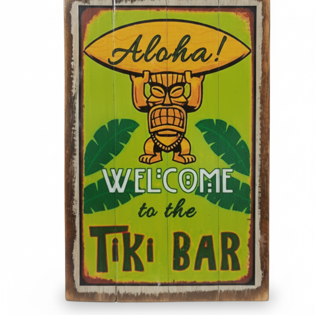 Aloha Welcome sign: "Bright green and yellow wooden wall plaque with an orange carved figure holding a surfboard and banana leaves