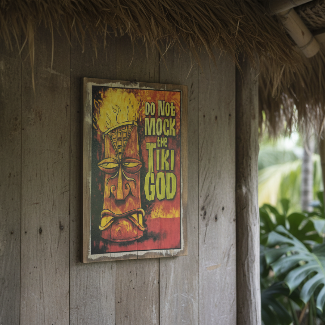A framed vintage-style tiki wall art print hanging on a rustic wooden wall under a thatched roof. The artwork features a carved tiki face in yellow, orange, and red tones with the text 'Do Not Mock the Tiki God' in yellow lettering.