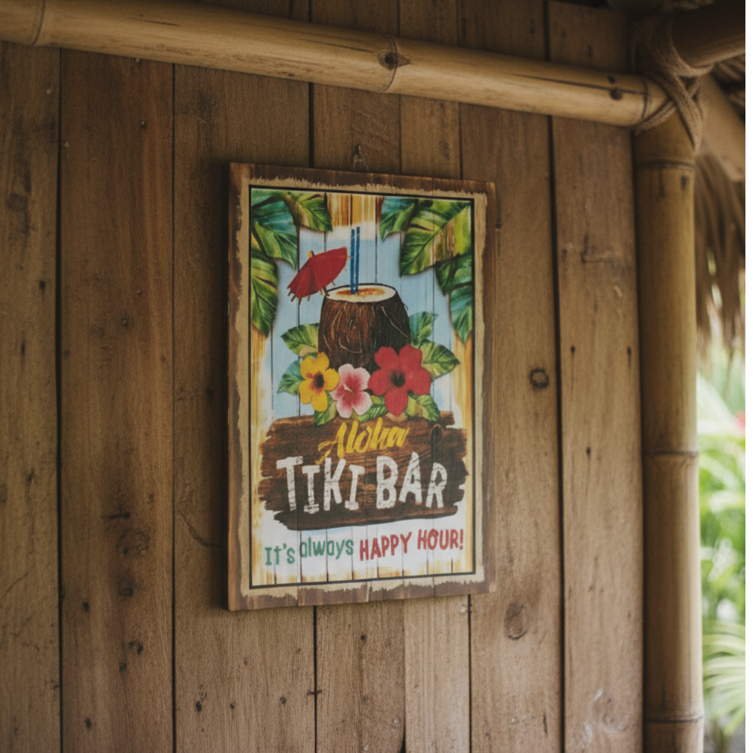 Rustic wooden wall plaque with a black carved mask, red coconuts and the words Eat. Drink. Chill, hanging inside a shady thatched hut
