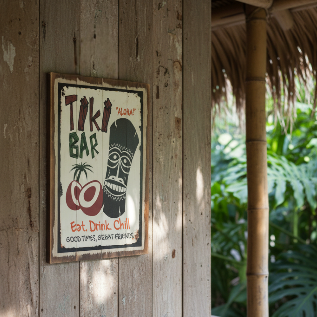Colourful tropical wall plaque with hibiscus flowers and a coconut cocktail, reading Aloha and It's Always Happy Hour, on a timber wall beside a thatched roof