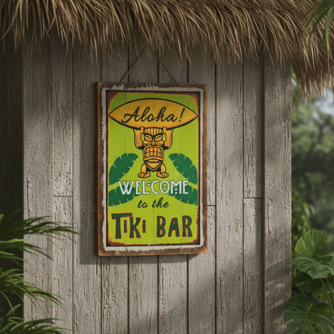 A rectangular wooden sign with a tropical tiki theme hangs on a weathered wood wall under a thatched roof. The sign features a yellow-green background, a carved tiki figure, palm leaves, and the text 'Aloha! Welcome to the Tiki Bar'.