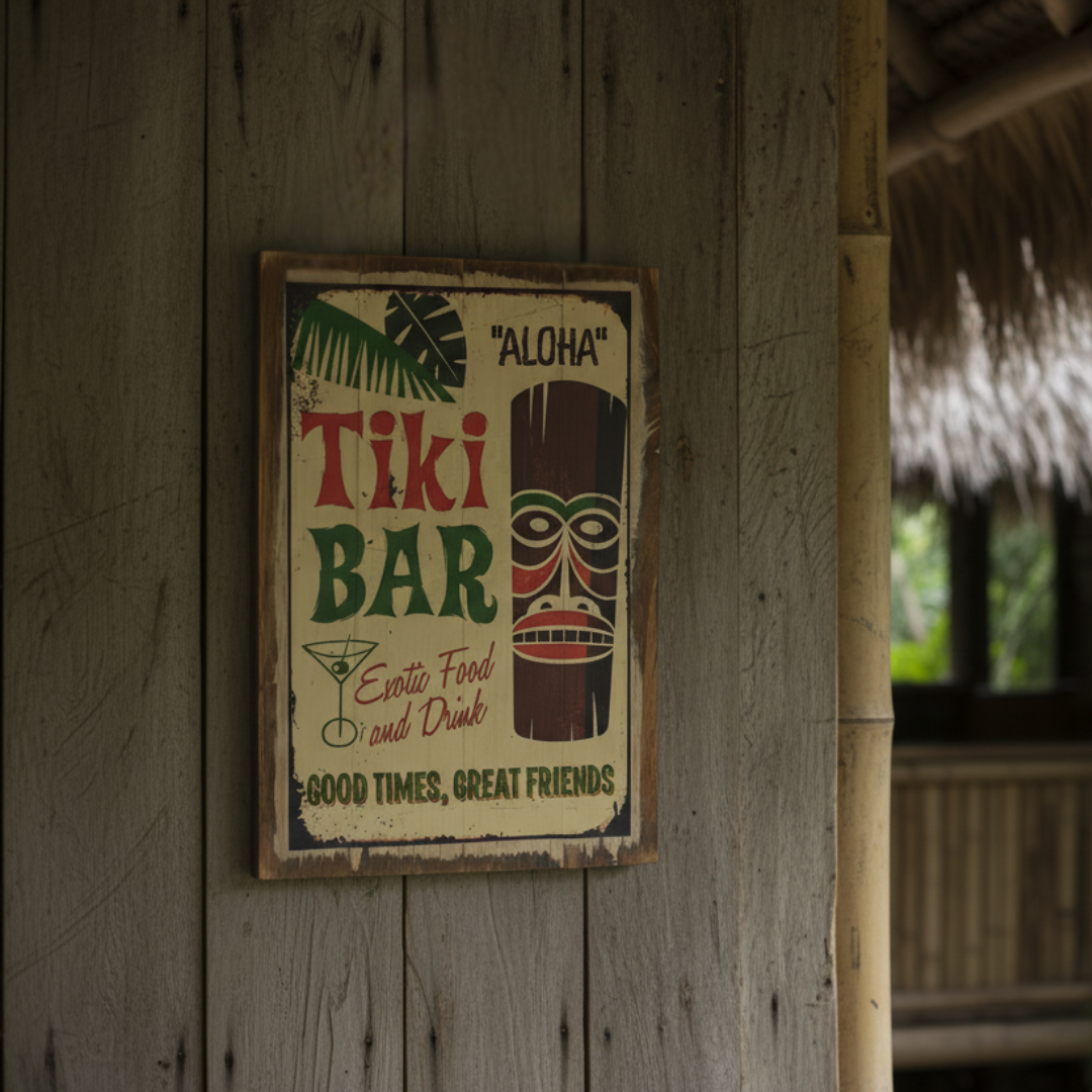 Vintage-style red and green wall plaque with a carved mask and martini glass, reading Exotic Food and Drink, hanging on a rustic timber wall