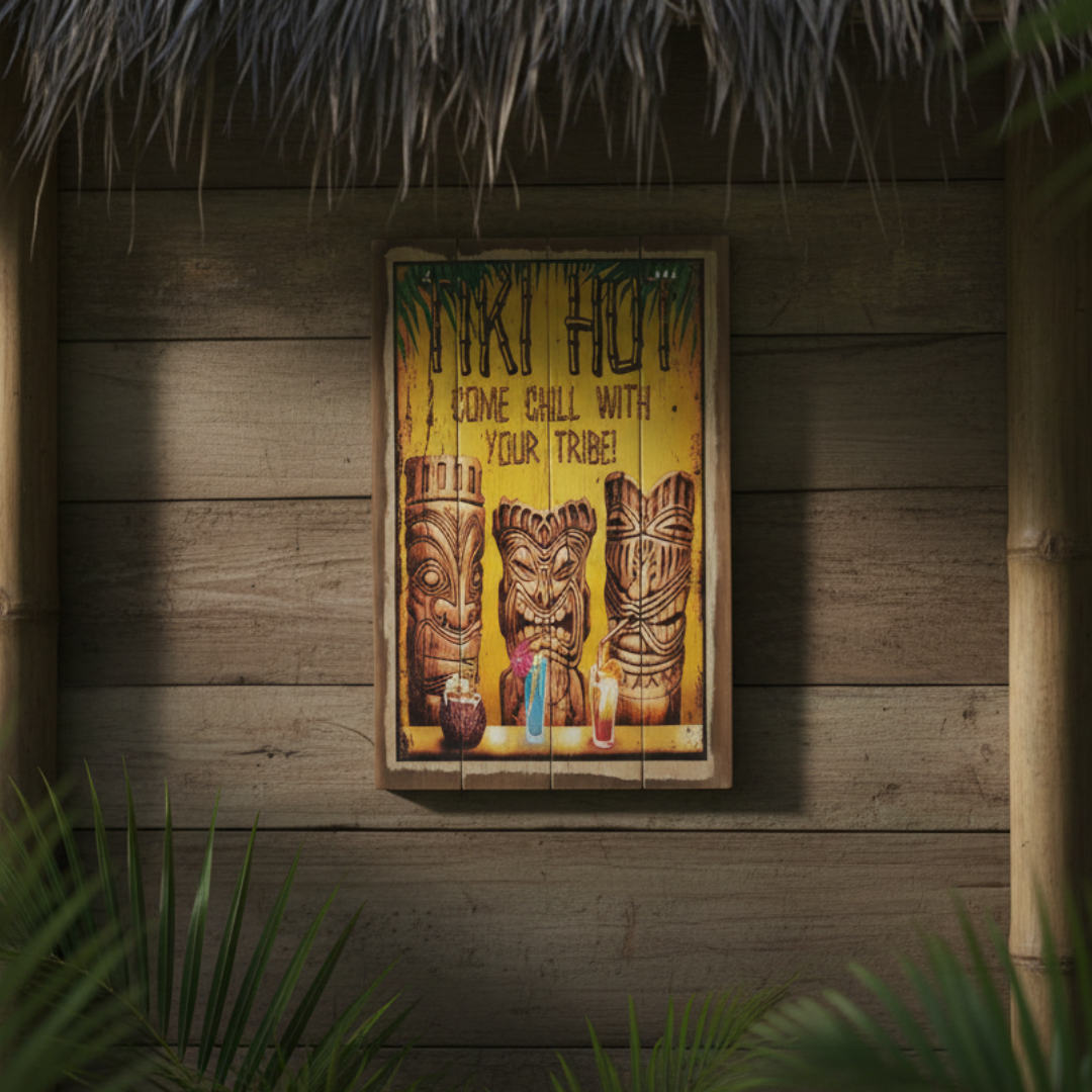 Yellow wall plaque with three carved wooden statues and tropical cocktails, hung on a shaded timber wall beneath palm thatch