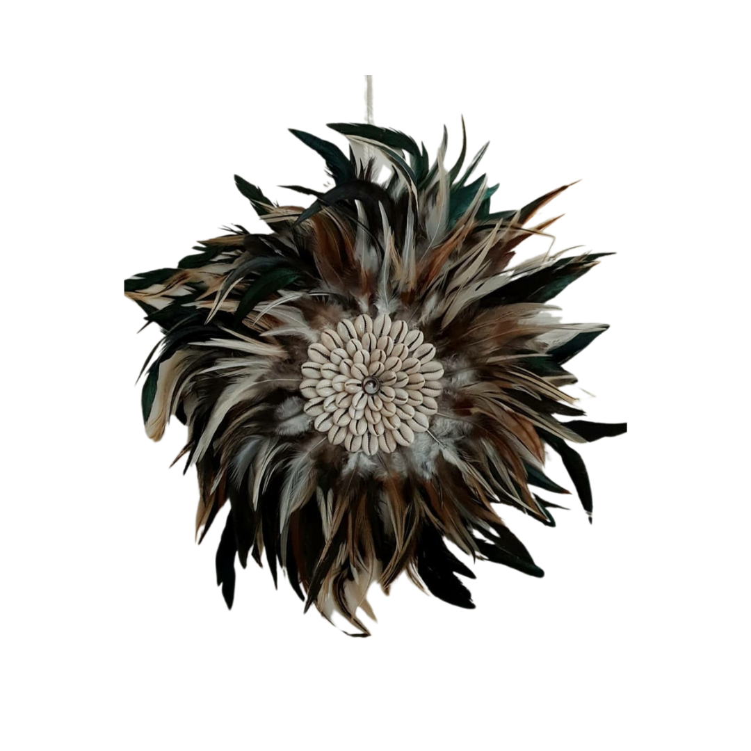 Handcrafted Balinese Juju Hat Wall Hanging – Dark & Brown Feathers with Cowrie Shell Centre | Boho Wall Décor 30–35cm