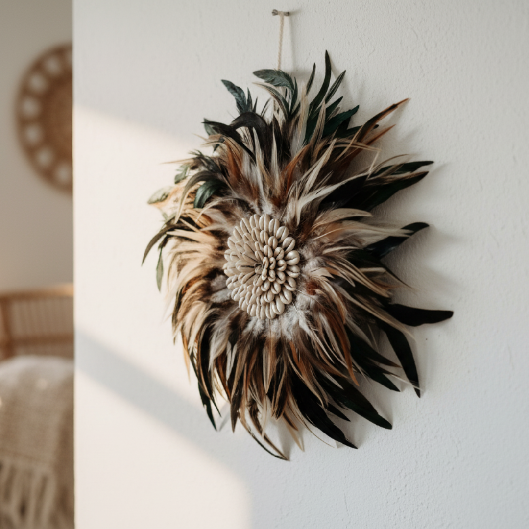Handcrafted Balinese Juju Hat Wall Hanging – Dark & Brown Feathers with Cowrie Shell Centre | Boho Wall Décor 30–35cm