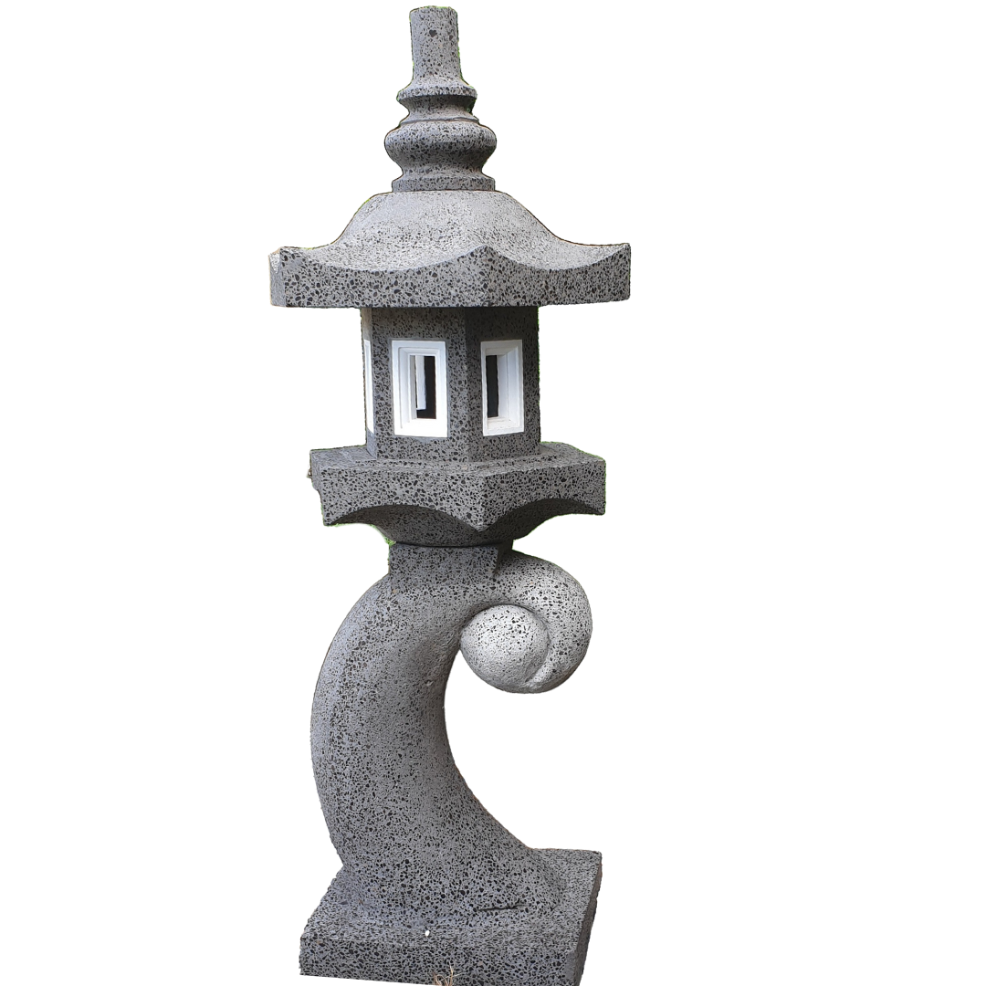 Japanese Style Garden Lantern with wave-shaped base on white background