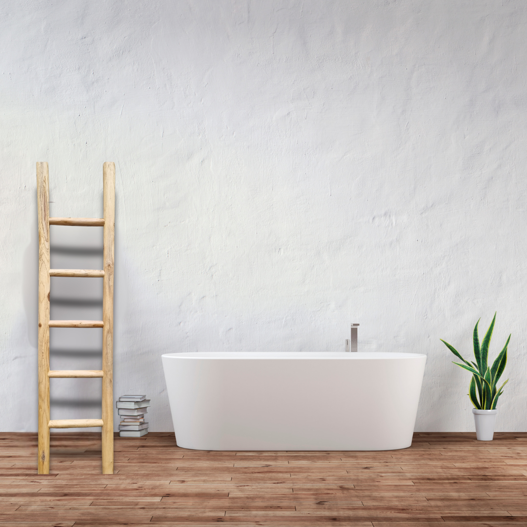 Spa-inspired bathroom interior with a natural accent piece against white shiplap wall