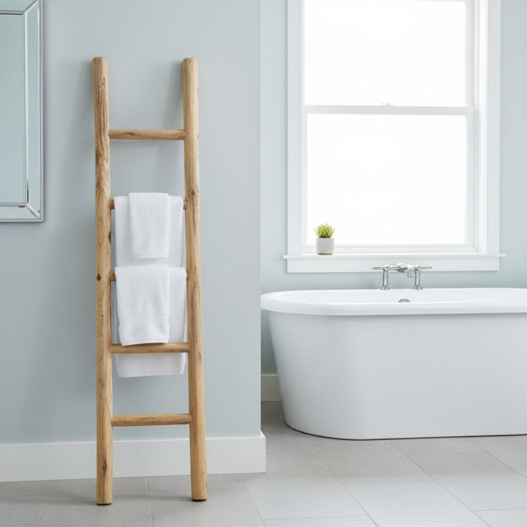White towels draped over a rustic rack in a bright, airy bathroom