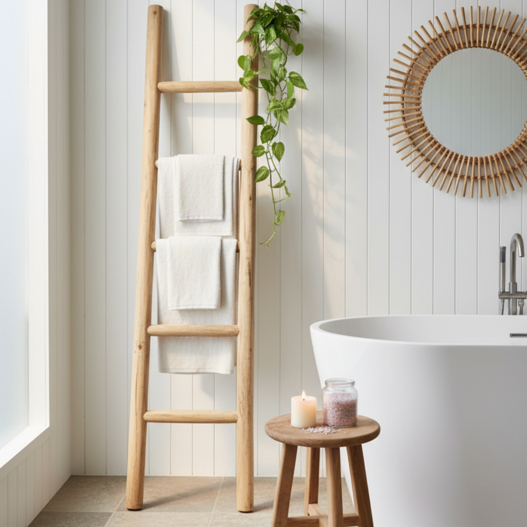 Ladder styled in a spa-inspired bathroom with linen towels draped over the rungs and a trailing plant, leaning against a white wall beside a freestanding bathtub