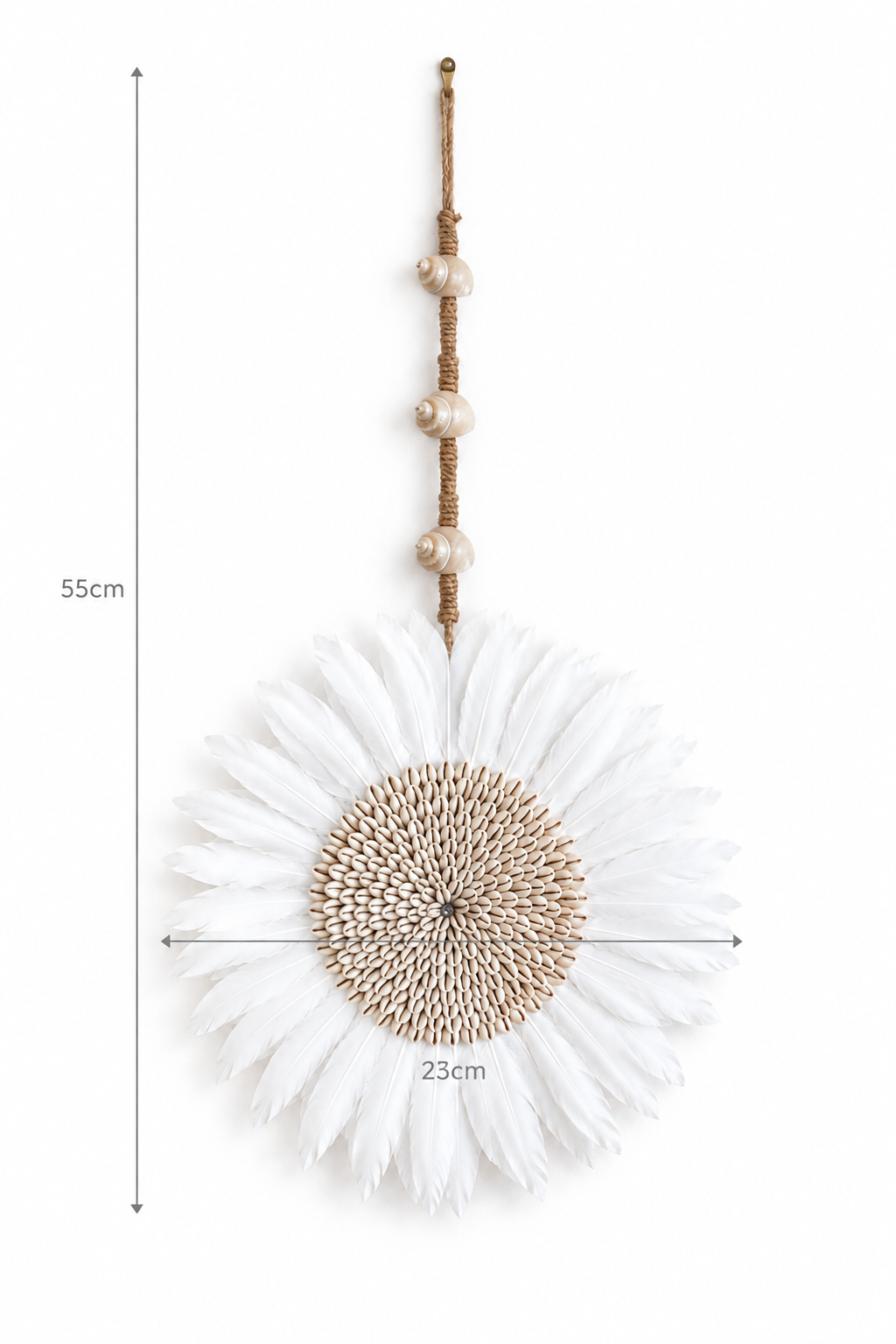 White feather wall hanging on a plain background with measurement lines showing a 23cm disc and 55cm total drop.