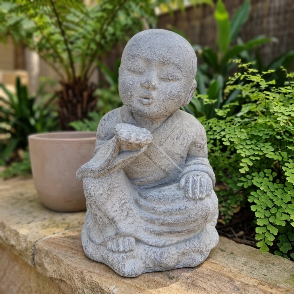 Kiss blowing buddha mond set on a garden bench with a garden background
