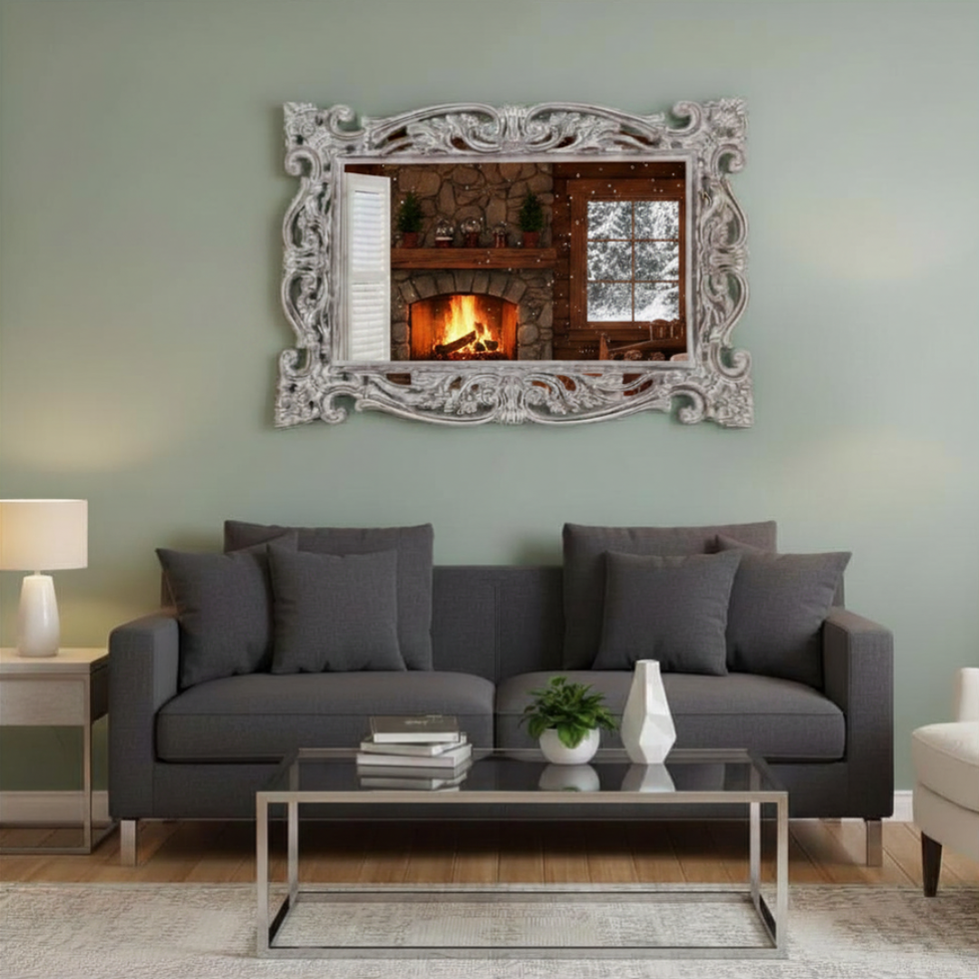 Living room with gray sofa, decorative mirror, and coffee table.