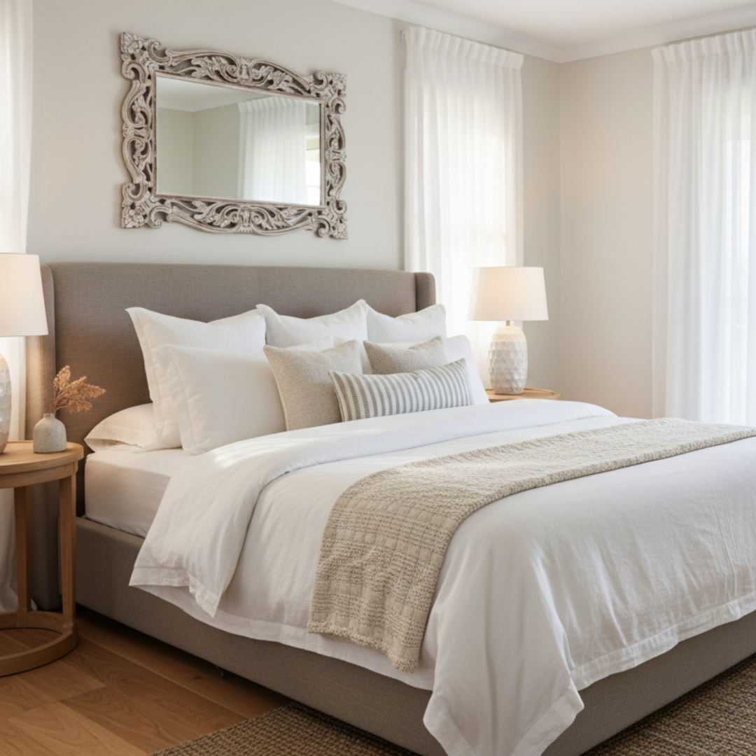 Neatly made bed in a bedroom with decorative mirror and lamps.