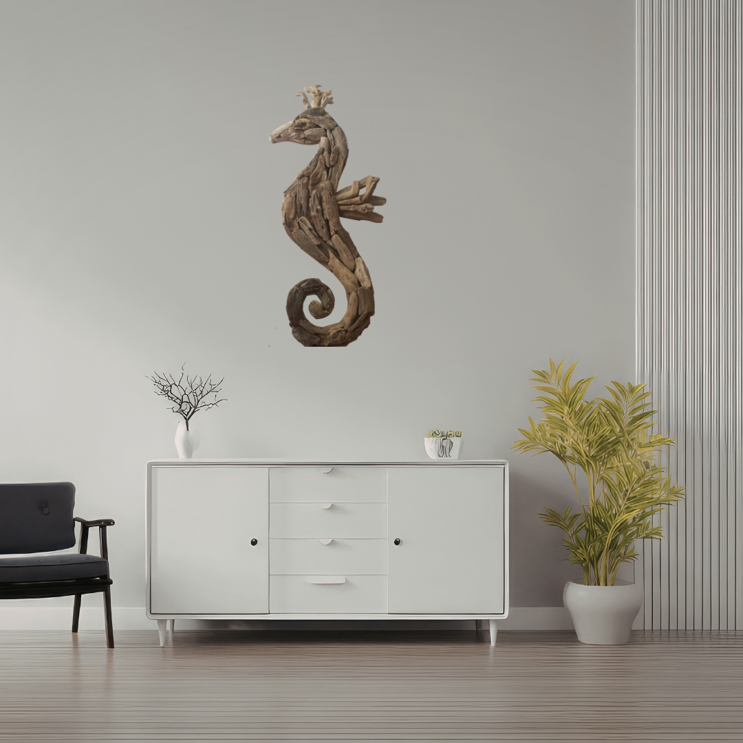Large Rustic Driftwood Seahorse Wall Art displayed in modern coastal living room above white sideboard