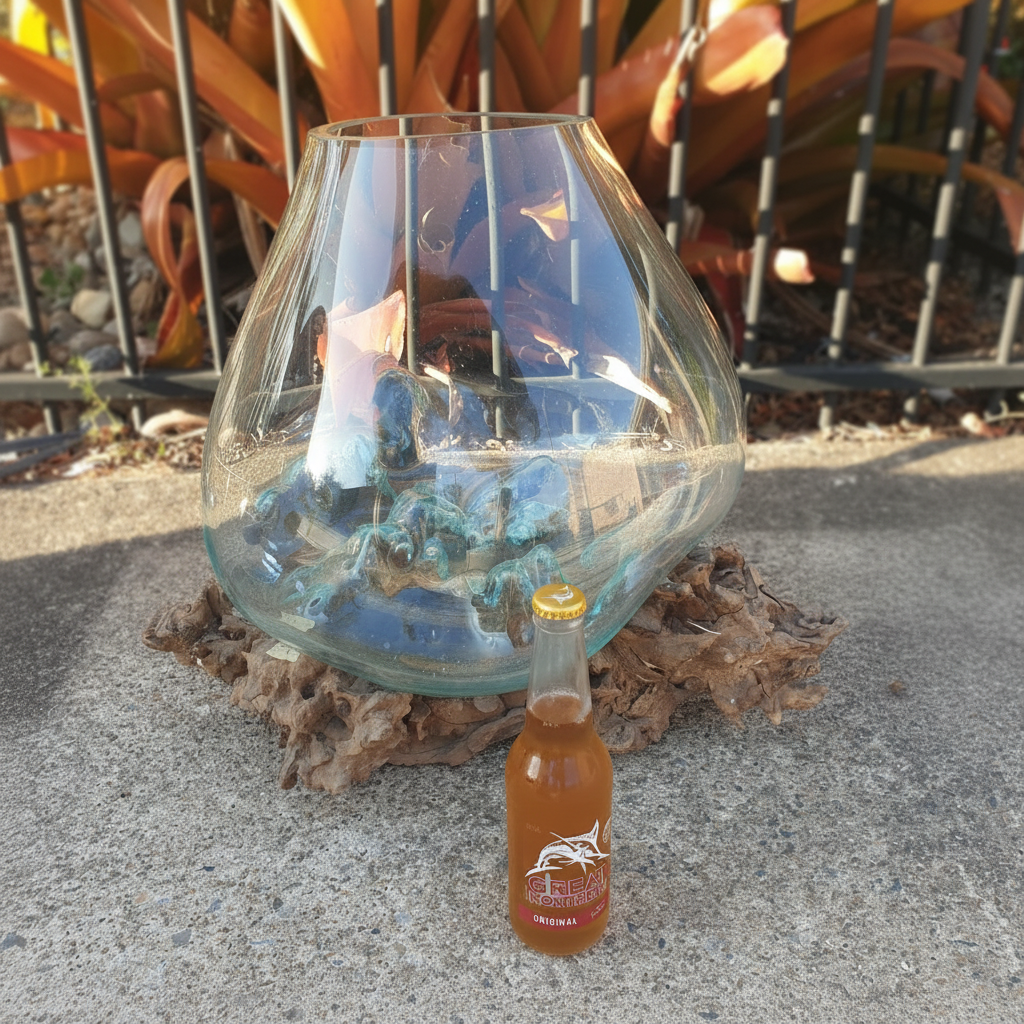 Glass vase with decorative elements on a textured surface, with a bottle of beer in front.