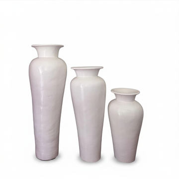 Three white ceramic urn vases in 60cm, 80cm and 100cm sizes on a white background