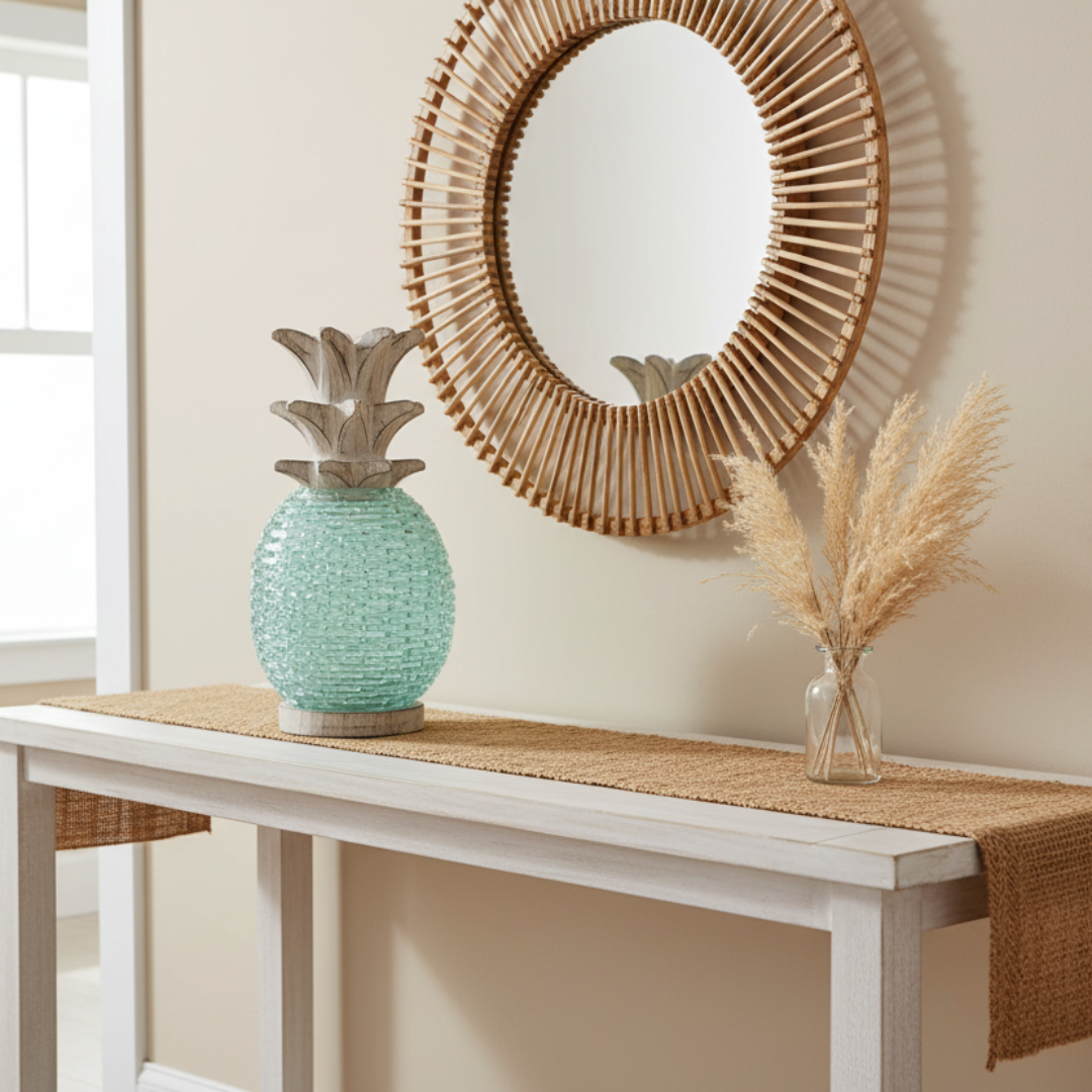Decorative table with a textured green vase, woven mirror, and dried plants against a neutral wall.