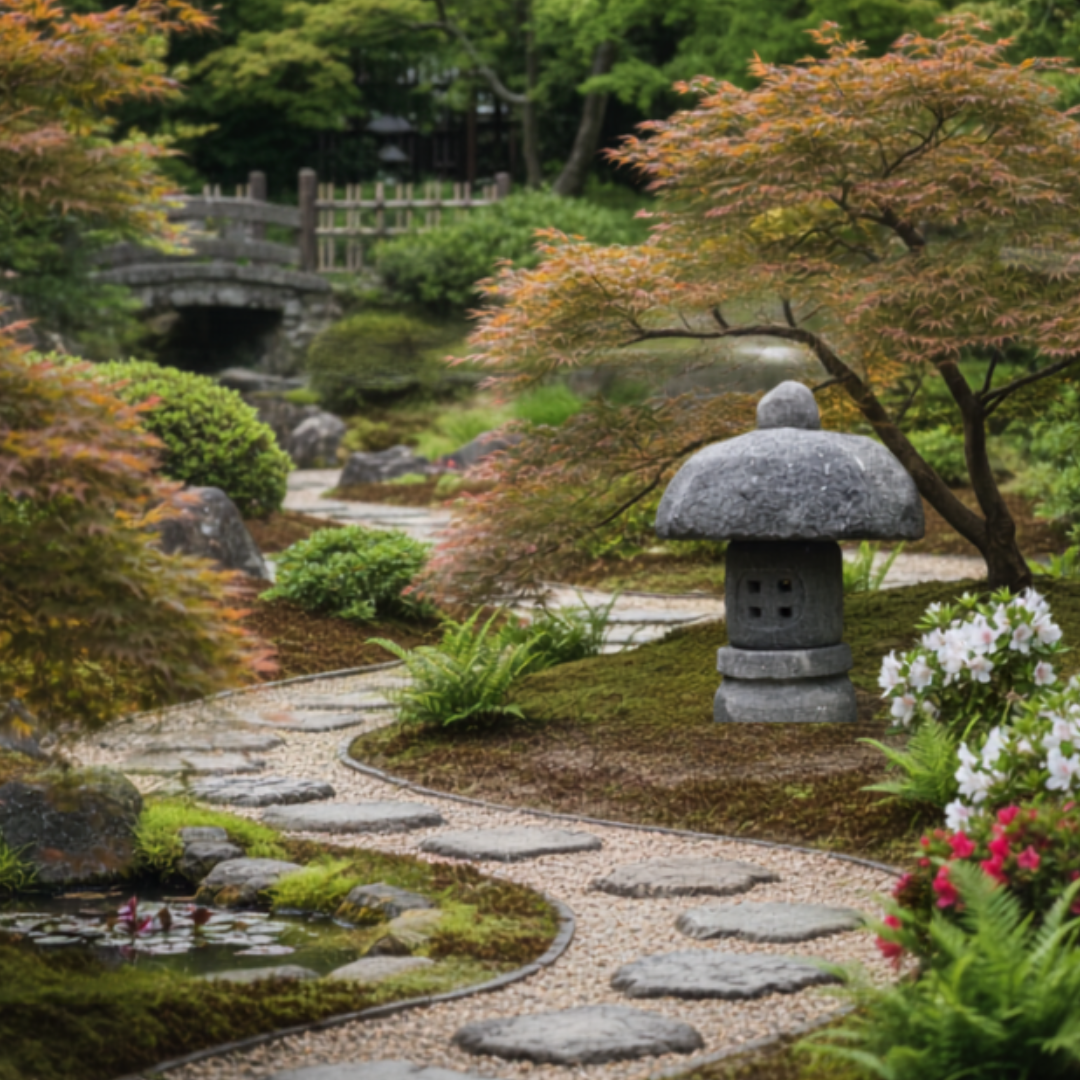  Style 1 beside a gravel pathway in a Japanese garden with Japanese maple trees, azaleas, stepping stones and a stone bridge in the background