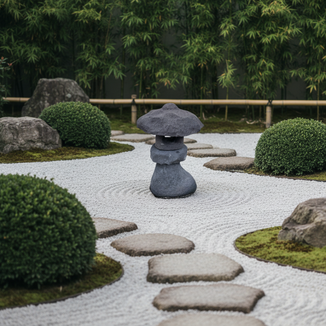 Style 2 centred on a raked gravel pathway in a Japanese zen garden with stepping stones, clipped shrubs, moss and bamboo grove backdrop