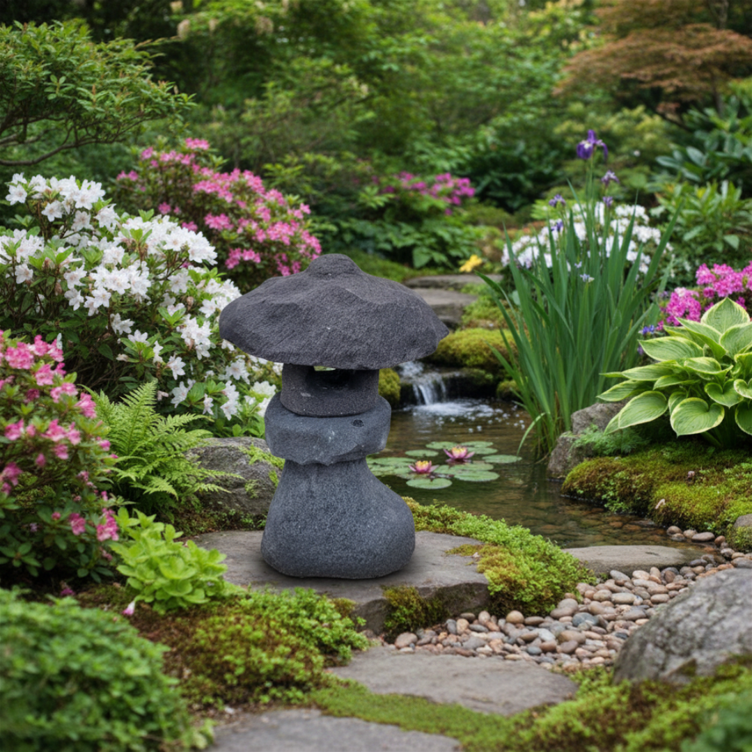 Style 2 placed on a stone paver beside a tranquil garden pond with water lilies, azaleas, ferns and lush greenery