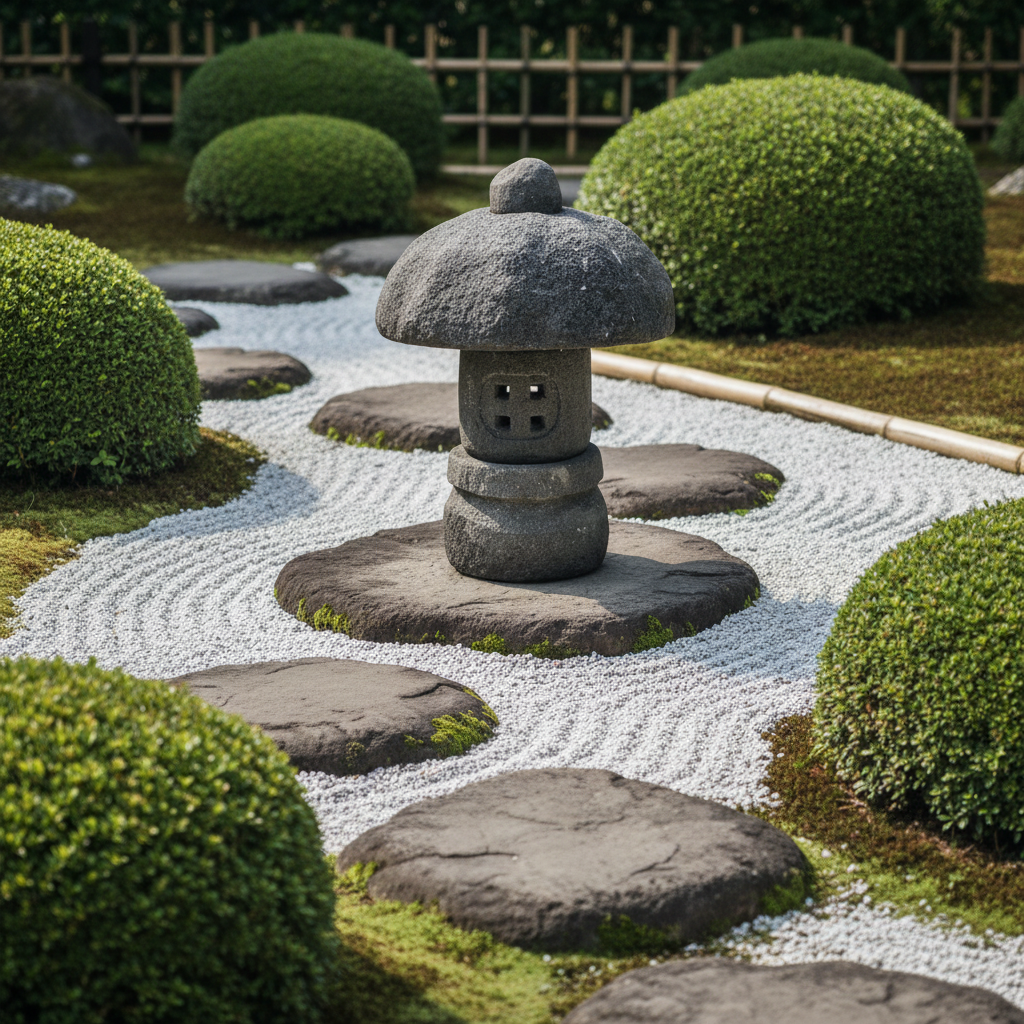 Japanese zen garden with raked gravel, stepping stones, clipped round shrubs and bamboo edging