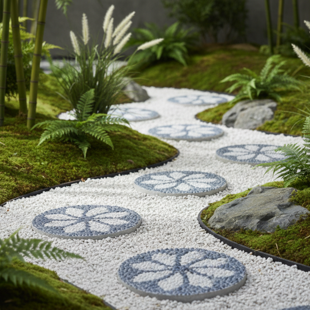 Decorative stepping stones with floral patterns on a gravel path surrounded by greenery
