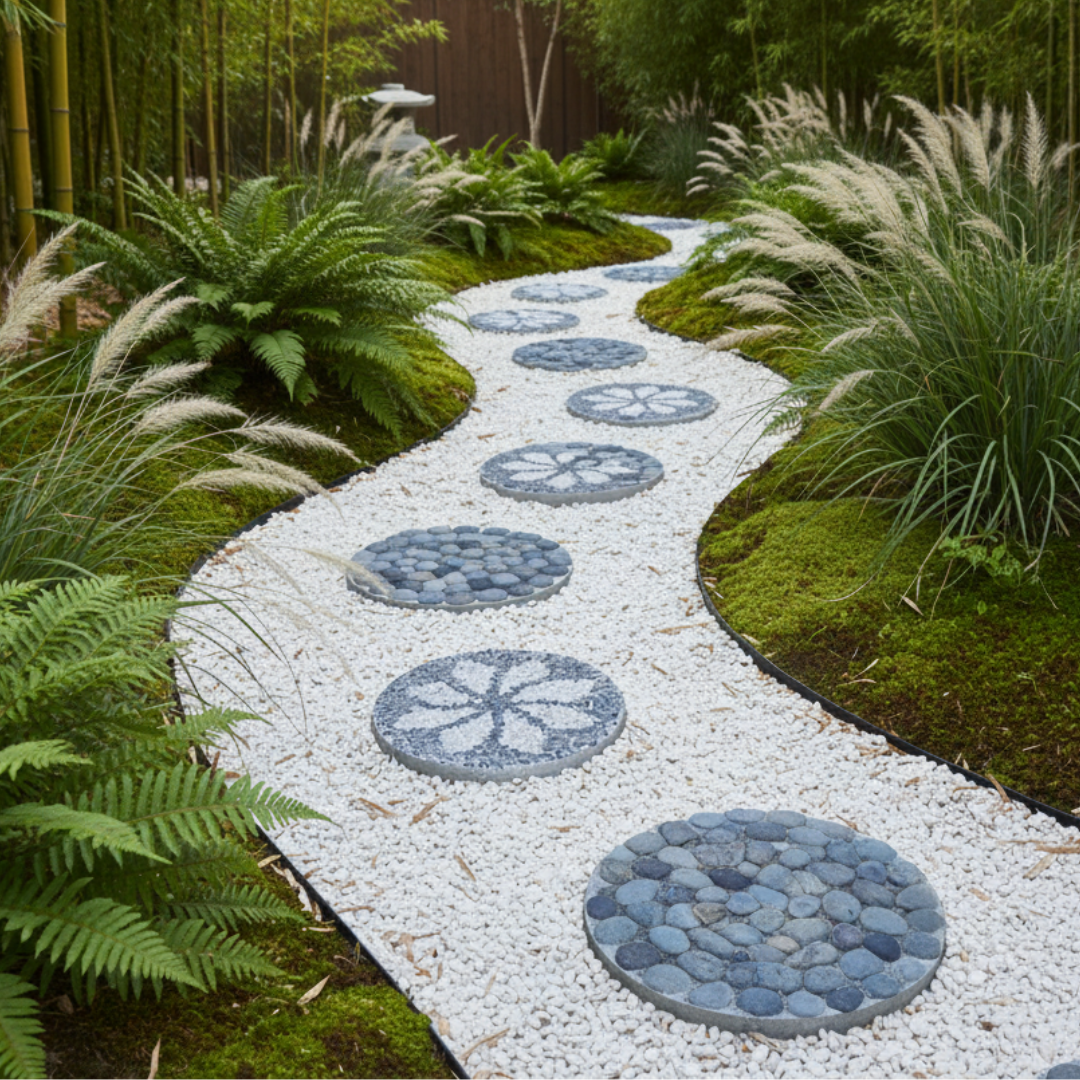 Garden pathway with decorative stone steps surrounded by greenery