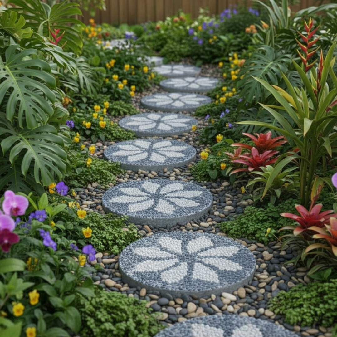 Decorative stepping stones with floral patterns in a garden setting