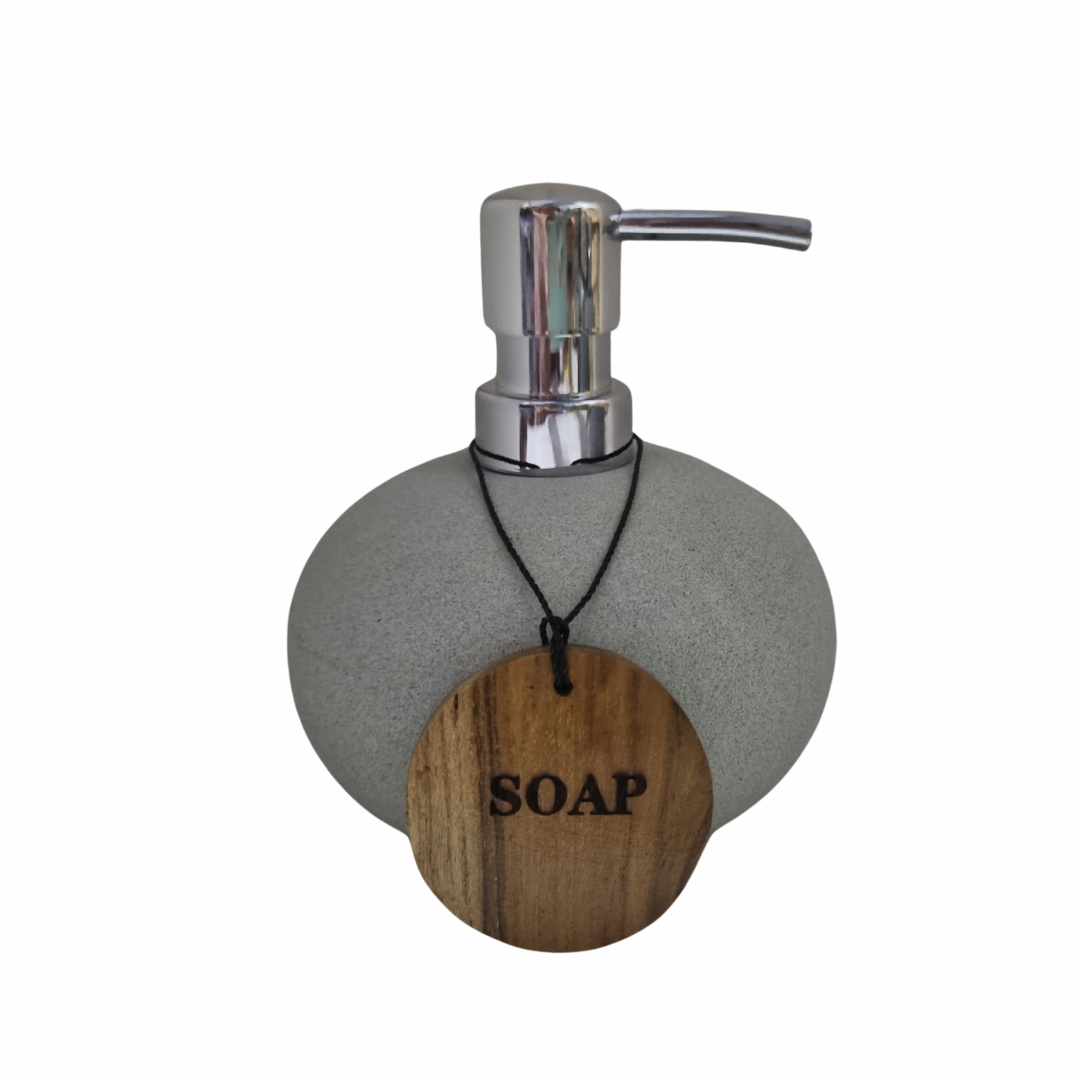 Zeolite stone soap dispenser with hanging teak wood soap tag – smooth light grey natural stone with silver pump | Azure Decor