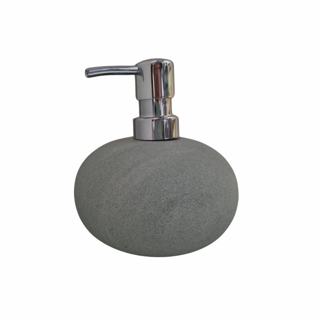 Zeolite stone soap dispenser with silver pump – smooth light grey natural stone bathroom decor | Azure 