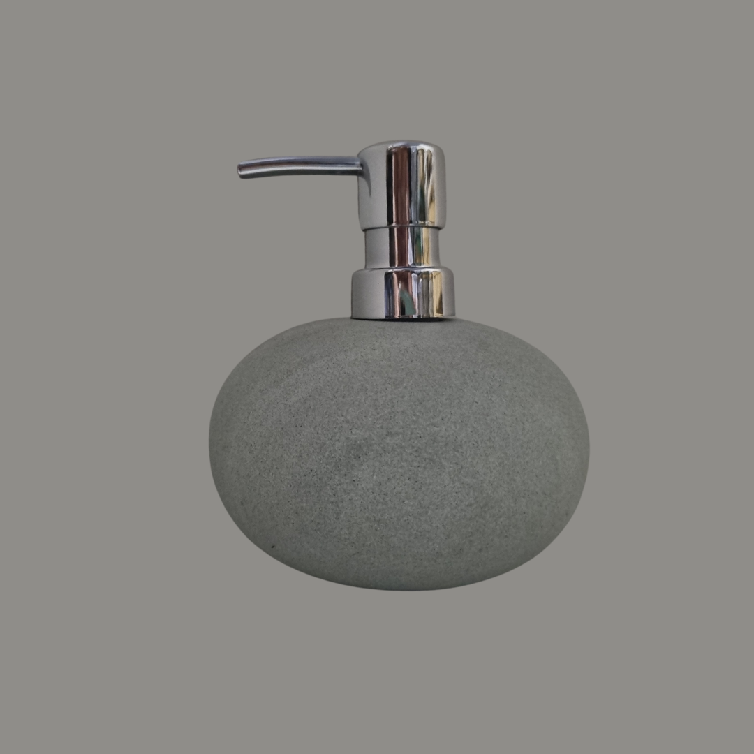 Zeolite stone soap dispenser with silver pump – smooth light grey natural stone bathroom decor | Azure 