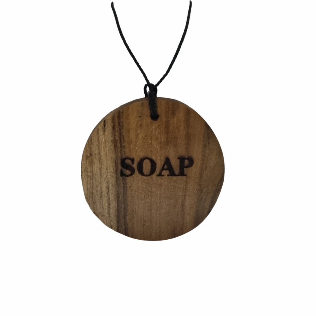 Round teak wood soap tag with black cord – handcrafted timber label included with lava stone soap dispenser | Azure Decor