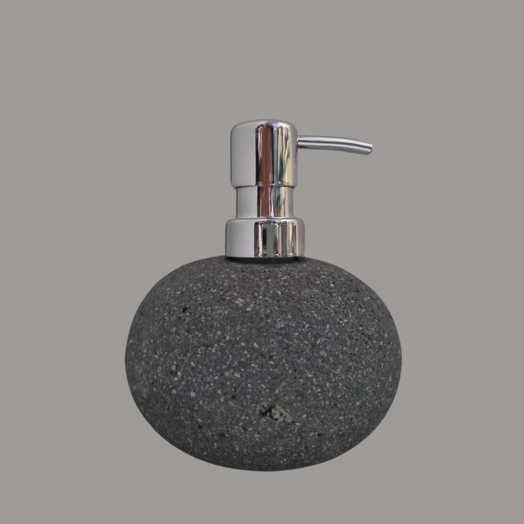 Lava stone basalt soap dispenser with silver pump – dark charcoal textured volcanic stone bathroom decor | Azure Decor