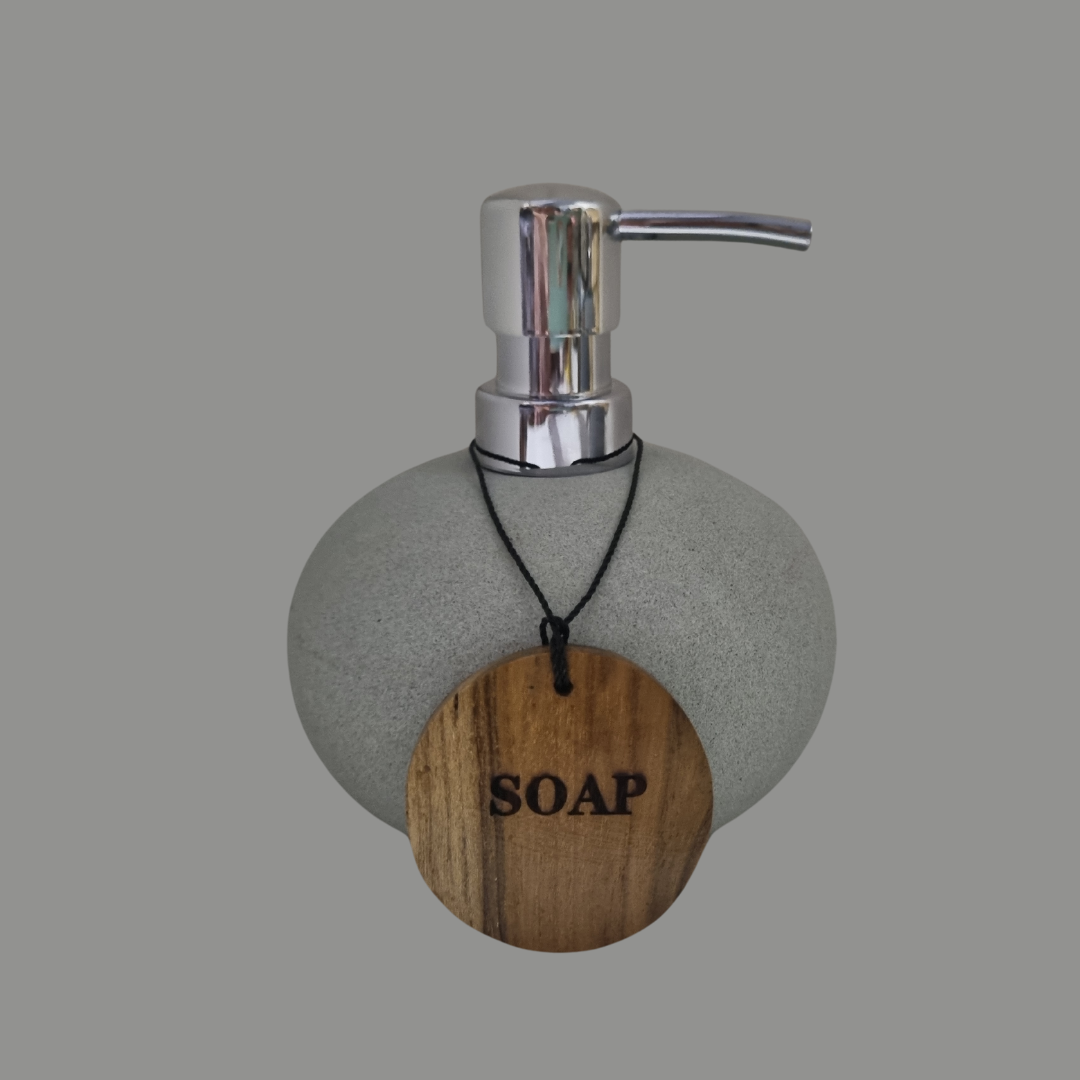 Zeolite stone soap dispenser with hanging teak wood soap tag – smooth light grey natural stone with silver pump | Azure Decor