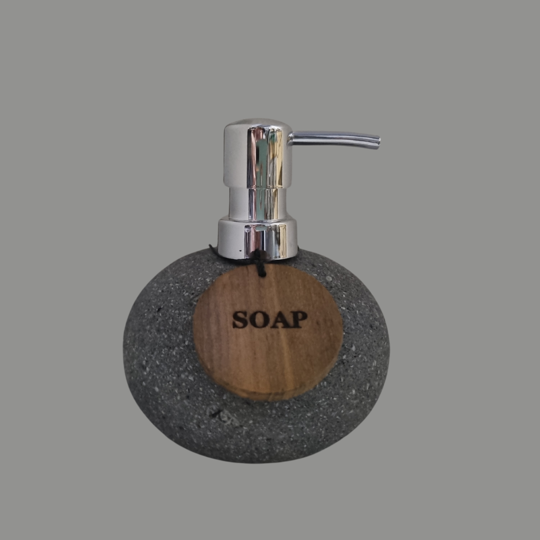 Lava stone soap dispenser with teak wood soap tag – dark textured basalt stone with silver pump | Azure Decor