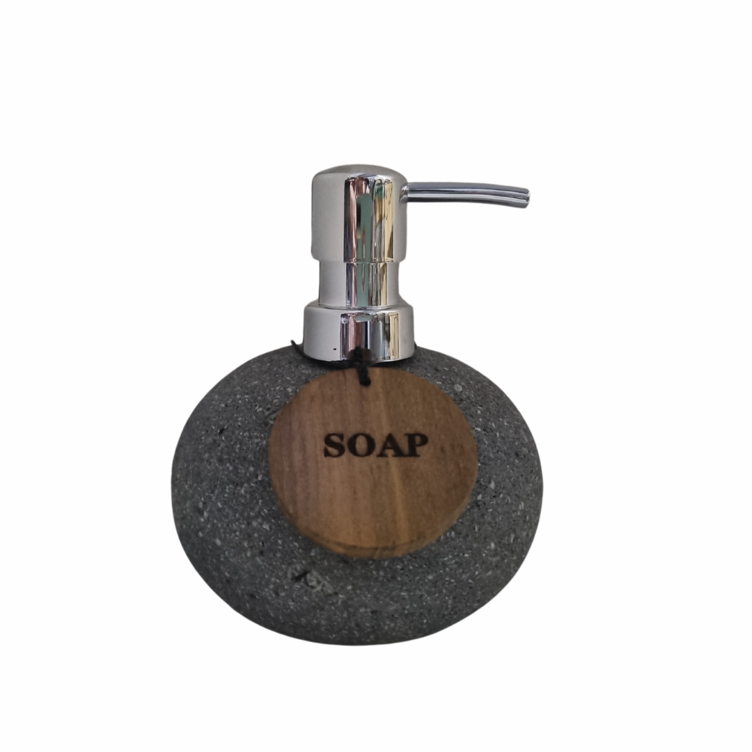 Lava stone soap dispenser with teak wood soap tag – dark textured basalt stone with silver pump | Azure Decor