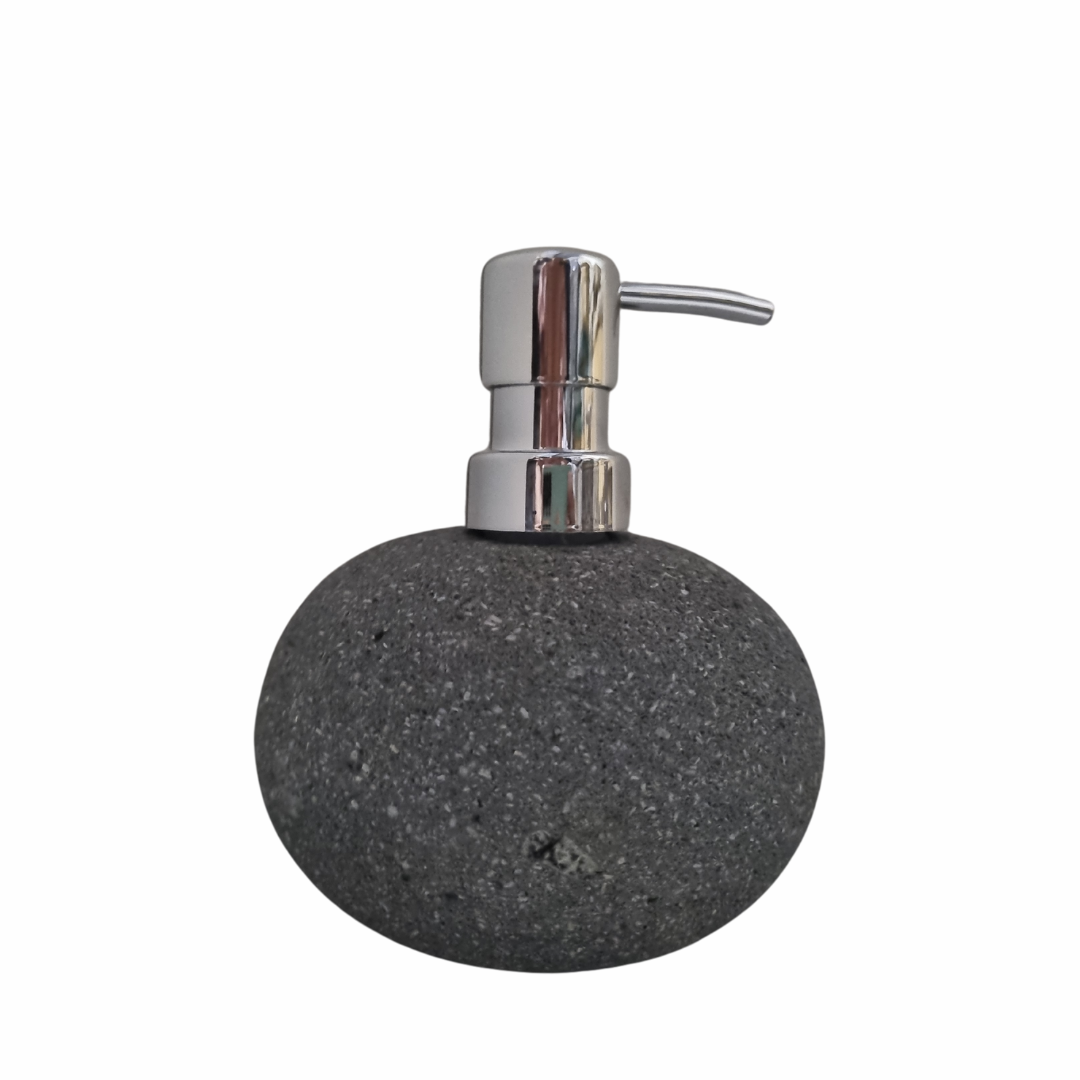 Lava stone basalt soap dispenser with silver pump – dark charcoal textured volcanic stone bathroom decor | Azure Decor