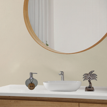 Zeolite stone soap dispenser with teak wood soap tag styled on white bathroom vanity with round timber mirror | Azure Decor
