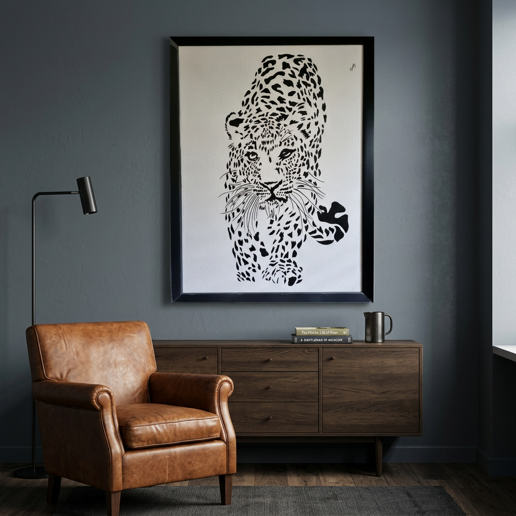 Black-framed artwork above a timber cabinet beside a brown leather armchair and black reading lamp