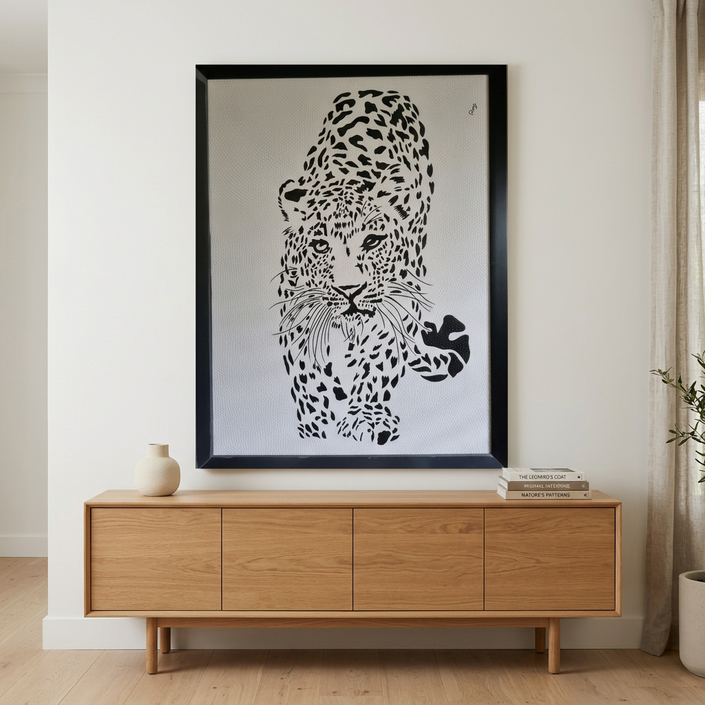 Black-framed spotted cat artwork above a natural timber sideboard against a white wall