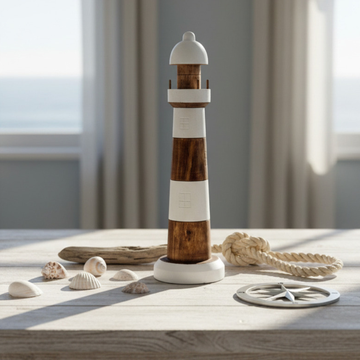 Light House Nautical Décor — wooden lighthouse figurine on a natural timber surface with coastal elements