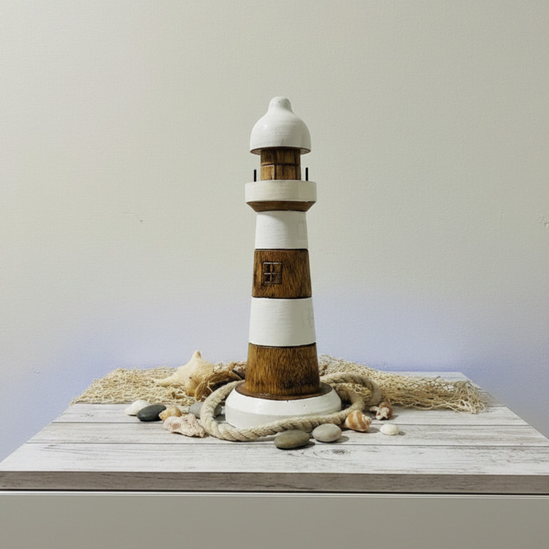 Nautical lighthouse figurines styled in a coastal home interior