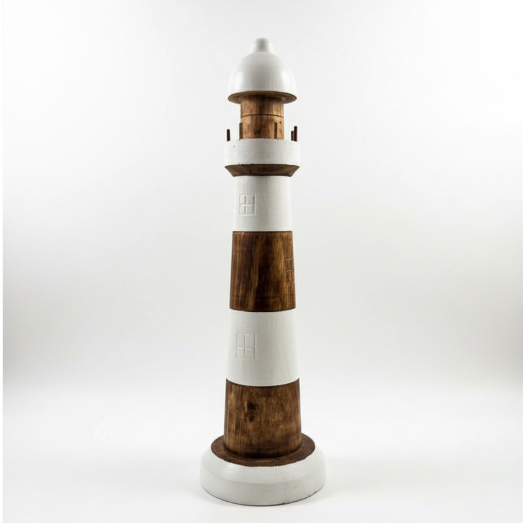 Decorative wooden sculpture with wooden and white design on a white background