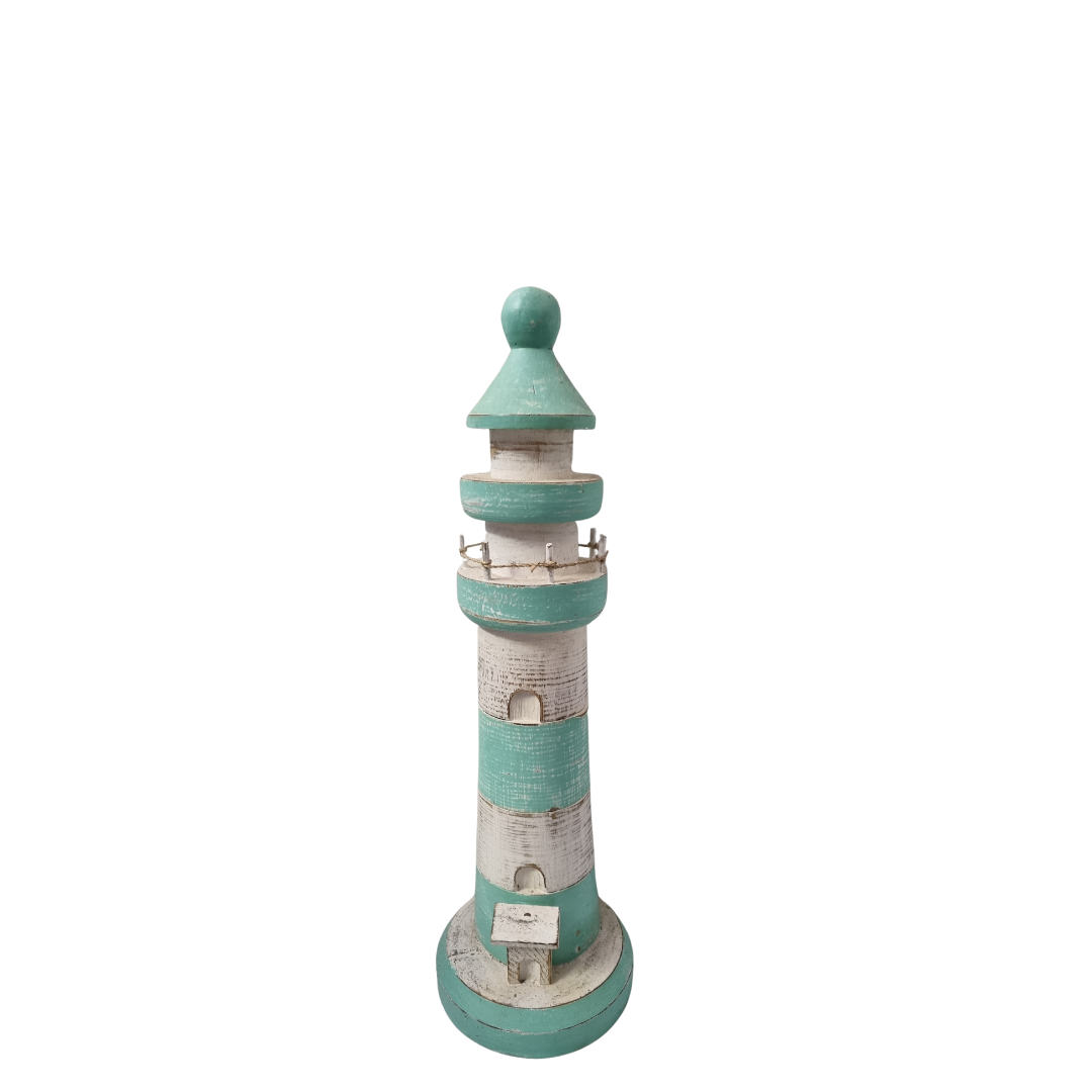  Single teal and white striped wooden figurine with distressed paint finish on a white background